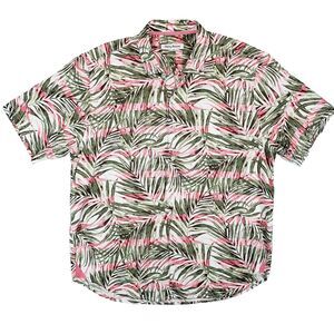 Tommy Bahama Mai Le-Lei Camp Shirt Mens L Green Palm‎ Pink Stripe Hawaiian Aloha
